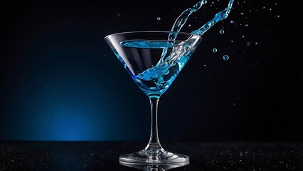  a single martini glass placed centrally against a dark, blurred background filled with a vibrant blue liquid, and a splash of bright pink liquid is captured mid-air