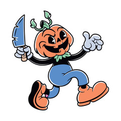 Vector Retro Cartoon Pumpkin Jack O Lantern Knife Character Illustration Isolated