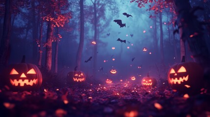 Wall Mural - scary and spooky halloween background with pumpkins and bats