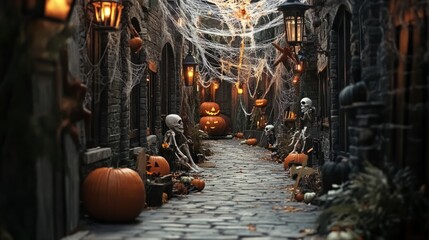Wall Mural - halloween background with spider web. street with halloween decoration