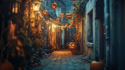 Wall Mural - halloween background with spider web. street with halloween decoration