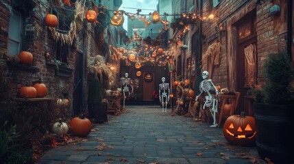 halloween background with spider web. street with halloween decoration