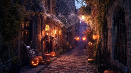 Wall Mural - halloween background with spider web. street with halloween decoration