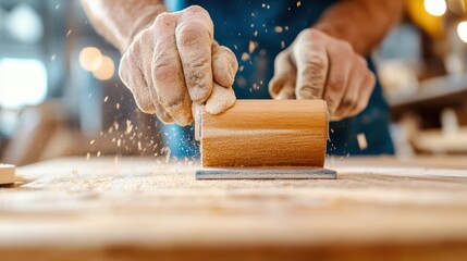 Sticker - Hands focus on sanding a wooden surface, creating an elegant burst of sawdust that captures the spirit of craftsmanship and dedication to detailed work.