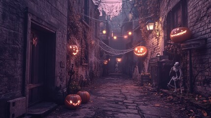 Wall Mural - halloween background with spider web. street with halloween decoration