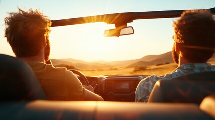 Two friends enjoying a scenic drive during a breathtaking sunset, embarking on an adventurous road trip filled with friendship and explorative spirit in nature.