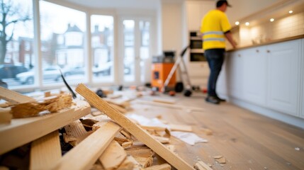 Wooden debris and tools scattered across the floor of a modern kitchen under renovation, with a construction worker in the background attending to cabinetry work.