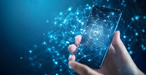 smartphone with creative connected digital business interface with various icons and binary code on a blurry background. Software development, app, global business, and a concept. 3D Rendering design