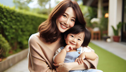 A joyful mother and her children playing together in a sunny park, sharing smiles and love during a fun summer day