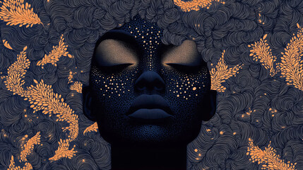 Wall Mural - A close-up portrait of a woman with a dark complexion. Her eyes are closed, and her skin is adorned with intricate patterns.