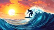 © Ali - Surfer rides a wave at sunset.