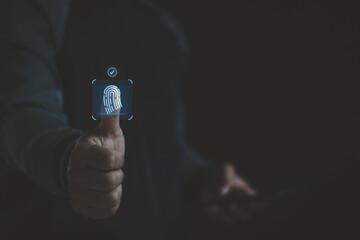 Aufkleber - Fingerprint scan provides security access with biometrics identification. Thumbs up with virtual fingerprint to scan biometric identity, access password for technology security system prevent hacker.