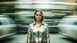 © Holo Art - Futuristic woman. Motion wave effect on city background. Blur urban transport movement. Abstract road with fast car and speed train. Girl on highway drive. Street traffic light.
