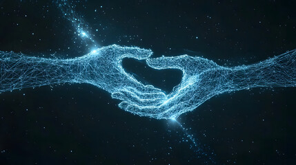 Two hands holding each other, against a digital technology background design, in a low-polygon style design, with a blue light effect on a dark black background design