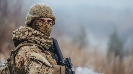 Soldier in camouflage with rifle, patrolling in cold weather