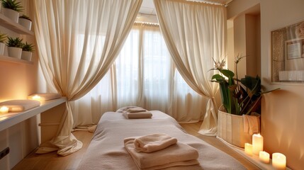 Poster - Serene Spa Room with Natural Light and Soft Textiles