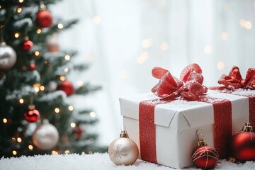 Wall Mural - Empty of Christmas Blurred on Background. Blank Christmas. Gifts. Christmas Trees. Product Mockup. Copy space.