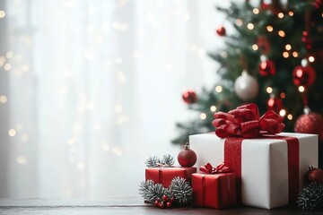 Wall Mural - Empty of Christmas Blurred on Background. Blank Christmas. Gifts. Christmas Trees. Product Mockup. Copy space.