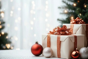 Wall Mural - Empty of Christmas Blurred on Background. Blank Christmas. Gifts. Christmas Trees. Product Mockup. Copy space.