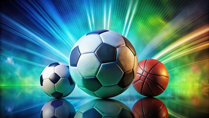 Vibrant soccer ball, basketball, and football resting on a modern, abstract, gradient blue and green background with subtle texture, conveying dynamic energy and competition.