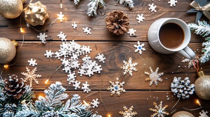 Poster - Cozy Christmas Scene with Puzzle Pieces and Coffee