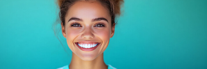 Wall Mural - Young woman smiling broadly against a teal background.