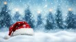 © Ket - Red santa hat in snowy landscape with blurry winter forest background, happy st. nicholas day, ai