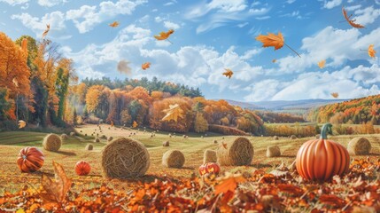 Sticker - Autumn Landscape with Pumpkins and Hay Bales