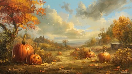 Sticker - Autumn Landscape with Pumpkins and Colorful Foliage