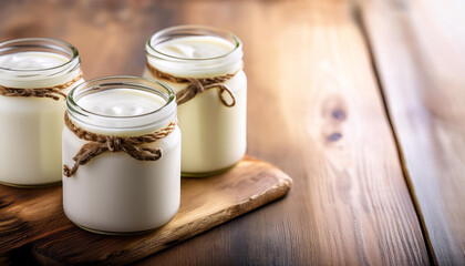 Wall Mural - Jars of tasty yogurt on a wooden background. The concept of a lactose-free dairy product, copy space,