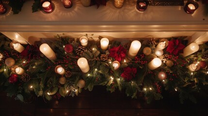 Wall Mural - Festive Holiday Mantel Decor with Candles and Greens