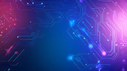 A background design with a blue and purple gradient color, with circuit board elements in the foreground desi, glowing lights, a technology theme, a vector illustration style design, and a flat design