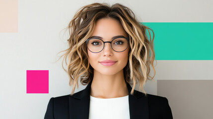 Wall Mural - A young woman with curly blonde hair smiles confidently while wearing round black glasses.