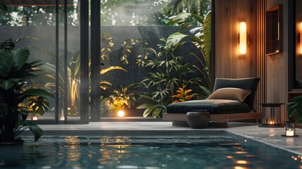 Wall Mural - Serene Indoor Pool with Lush Greenery and Relaxing Ambiance