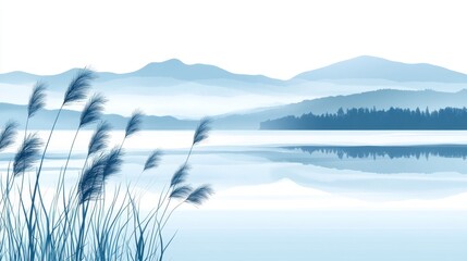 Calm Blue Landscape with Reeds near Water