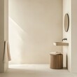 © musa - Minimalist bathroom with a sink, towel, and a stool.