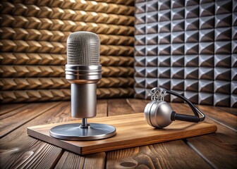 Shiny silver microphone on a wooden desk with a sound level meter and acoustic foam, ready for a studio audio test or podcast recording session.