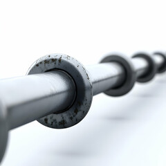 close-up of a rusty metal rod with circular fittings, isolated on a white background.