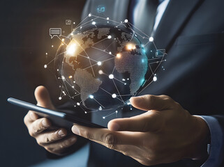 a businessman holds digital icons and smart devices with a global network connection design, showcas