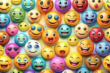 Vibrant colorful emoticon faces with different emotions and expressions, including smiles, laughter, tears, and surprise, in a variety of shapes and sizes, set on a white background.