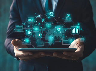 A businessman holds digital icons and smart devices with a global network connection design, showcasing the concept of online technology for business success design