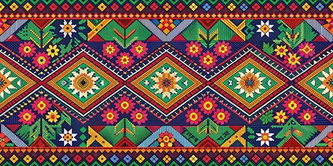 vibrant traditional filipino textile pattern featuring geometric shapes, floral motifs, and intricat