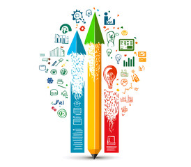 A colorful pencil with arrows pointing up and down design symbolizes the growth of ideas in business or education. The arrows are made from different color designs, such as red for energy design,