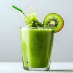 Wall Mural - Refreshing green smoothie bursting with kiwi and ice, splashing in a glass with a straw.