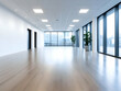 © sornram - Spacious modern office interior with large windows and wooden flooring, featuring minimalistic design and natural light.
