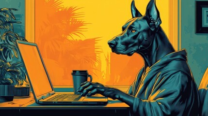 Wall Mural - Playful Retro Illustration of Doberman Working on Laptop - Modern 3D Minimalistic Design