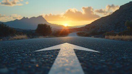 Wall Mural - Country road painted with an arrow pointing towards a stunning mountain sunset