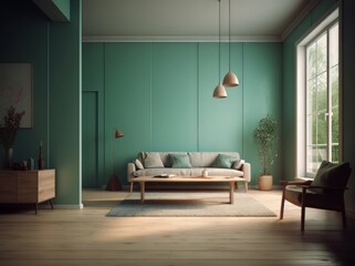 Wall Mural - Modern living room with teal walls, natural light, and cozy furniture