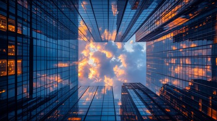 A view from below of a modern glass skyscraper with a colorful sunset reflected in the windows