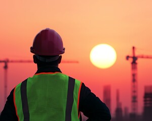 A construction worker in safety gear observes the skyline against a vibrant sunset, with cranes silhouetted in the background.